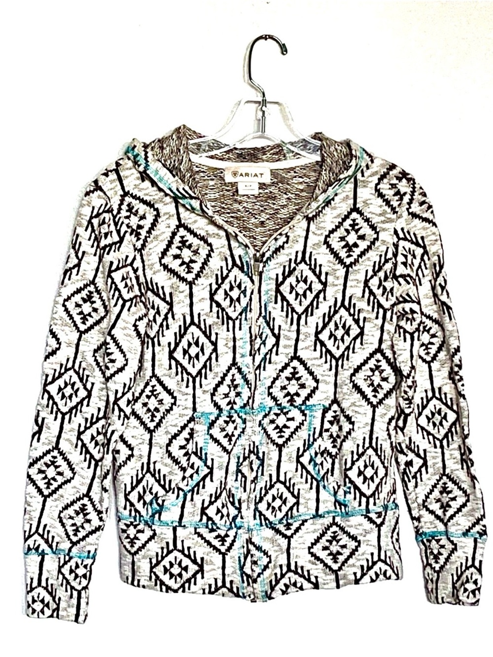 Ariat Aztec Full Zip Hooded Cardigan Sweater Teal Stitching Small